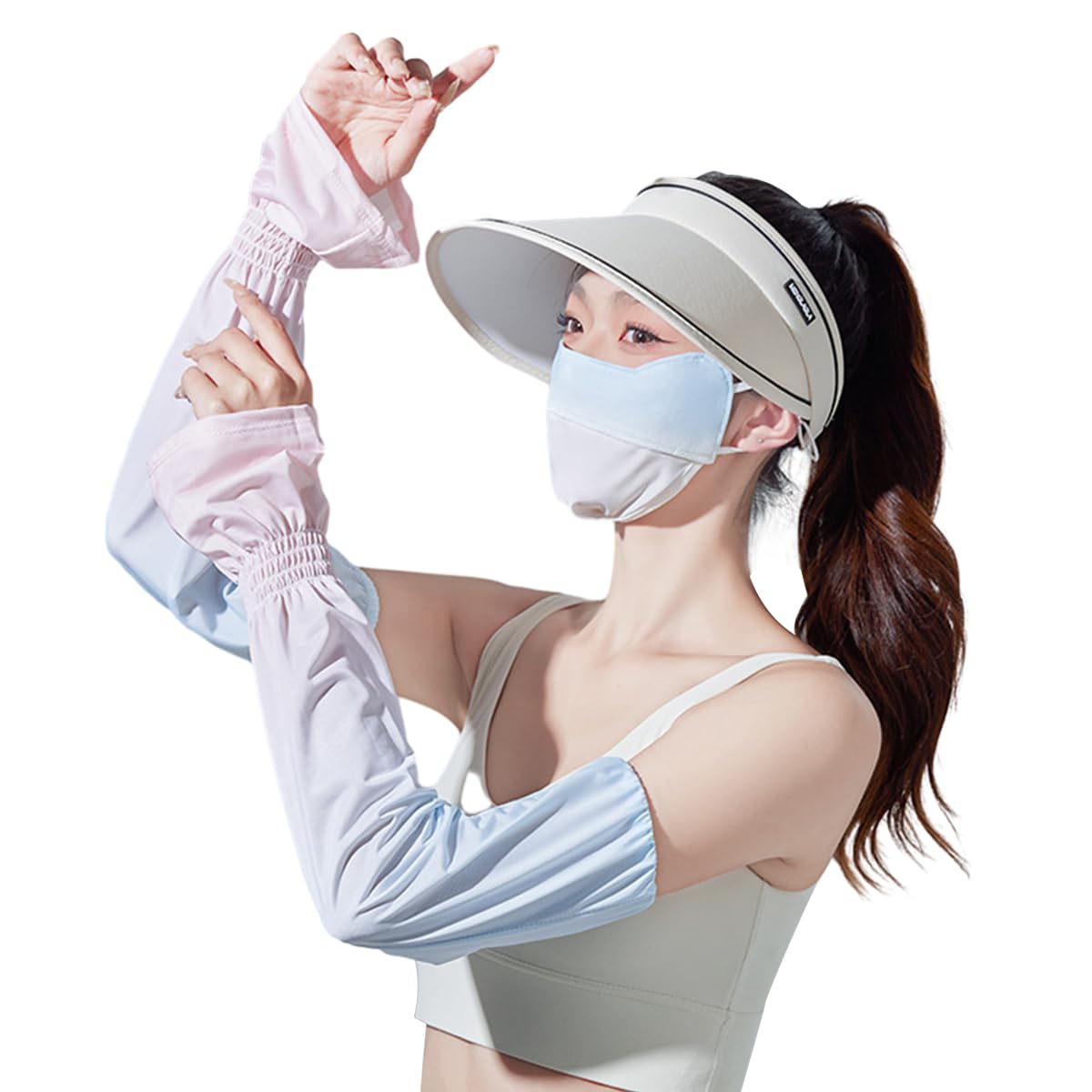 PALAY Women Sun Visor Hat Set of 3pcs Outdoor Women Hat Face Mask Arm Sleeve Combo UPF 50+ Wide Brim Sun Hat Fashion Gradient Face Mask Arm Sleeve for Hiking, Cycling, Driving PALAY Women Sun Visor Hat Set of 3pcs Outdoor Women Hat Face Mask Arm Sleeve Combo UPF 50+ Wide Brim Sun Hat Fashion Gradient Face Mask Arm Sleeve for Hiking, Cycling, Driving